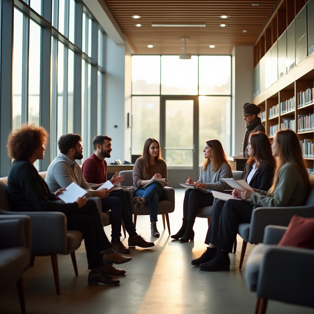 Gruppo di adulti in discussione durante una serata di educazione finanziaria